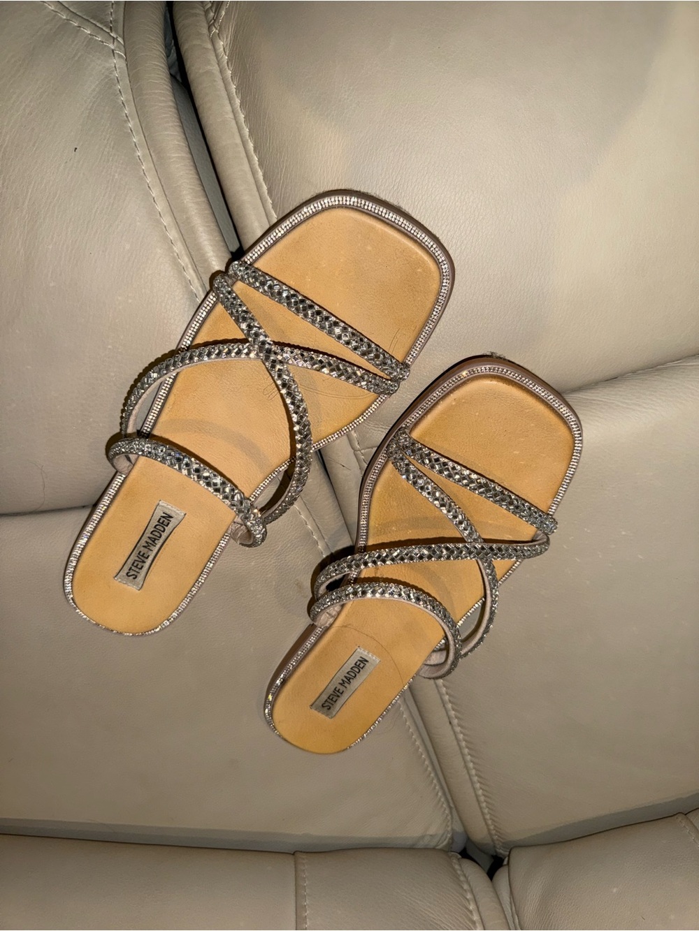 Steve Madden Silver Rhinestone Strappy Slide Mules